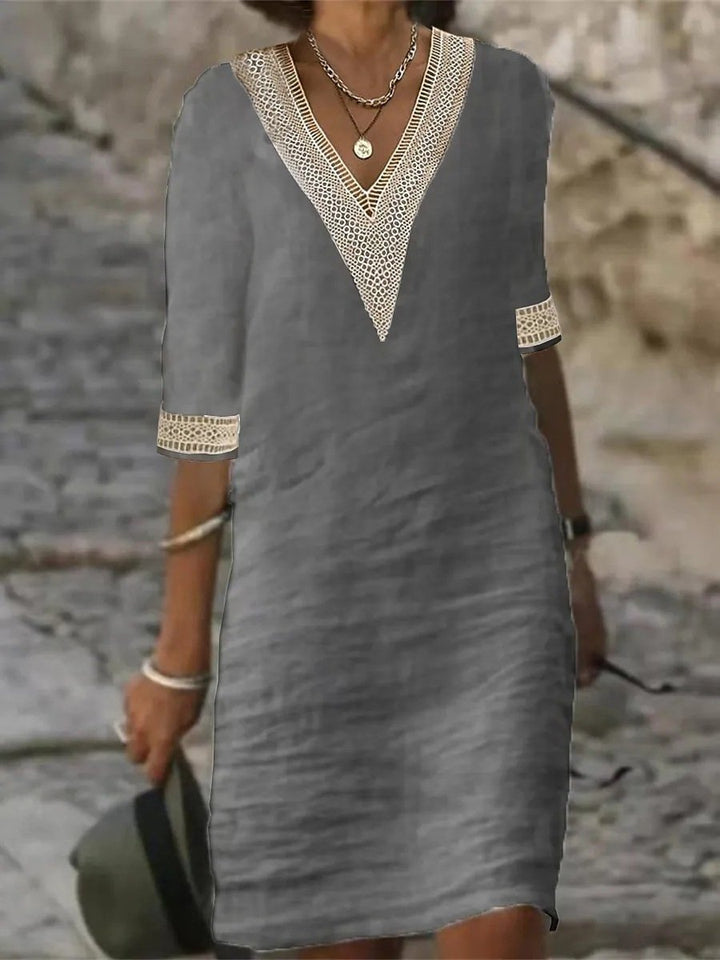 Amelia | Timeless V-Neck Lace Trim Linen Dress