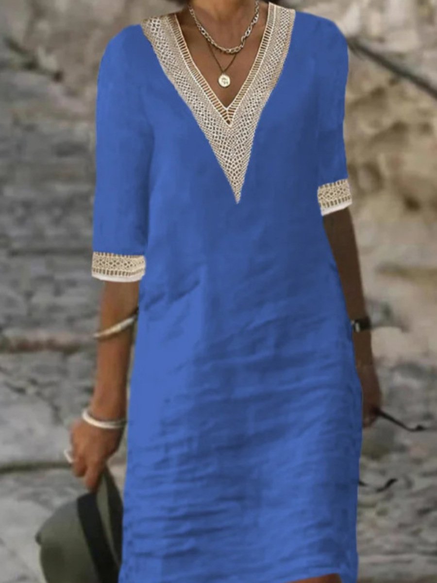 Amelia | Timeless V-Neck Lace Trim Linen Dress