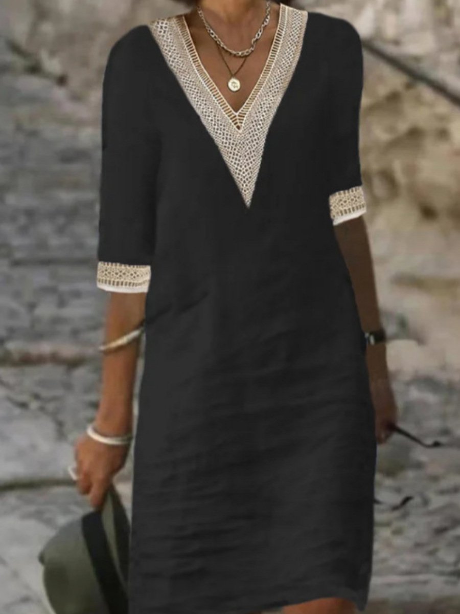 Amelia | Timeless V-Neck Lace Trim Linen Dress