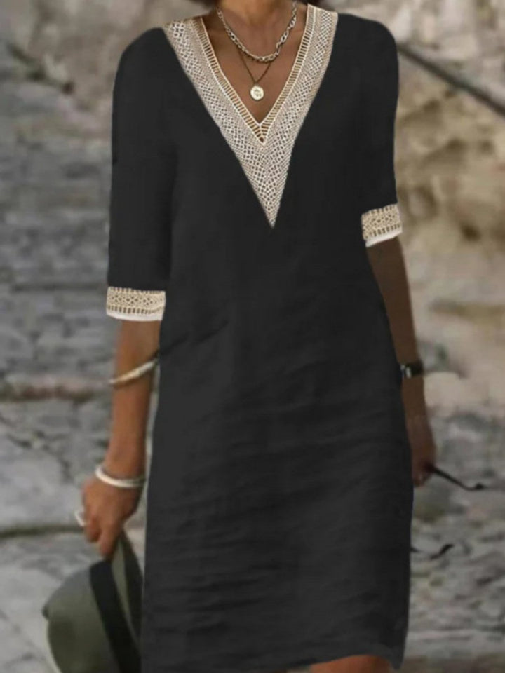 Amelia | Timeless V-Neck Lace Trim Linen Dress