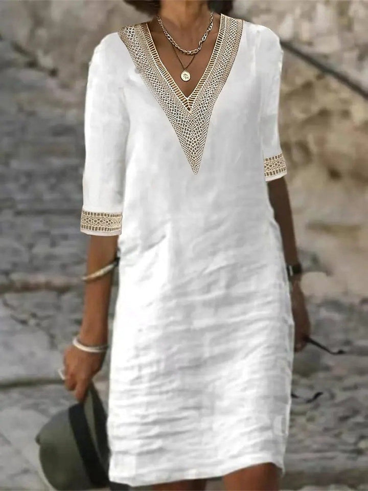 Amelia | Timeless V-Neck Lace Trim Linen Dress