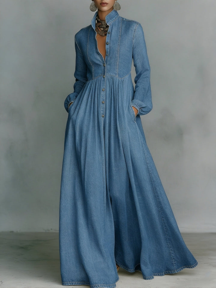 Aria | Classic Button-Front Denim Dress with Flowing Maxi Skirt