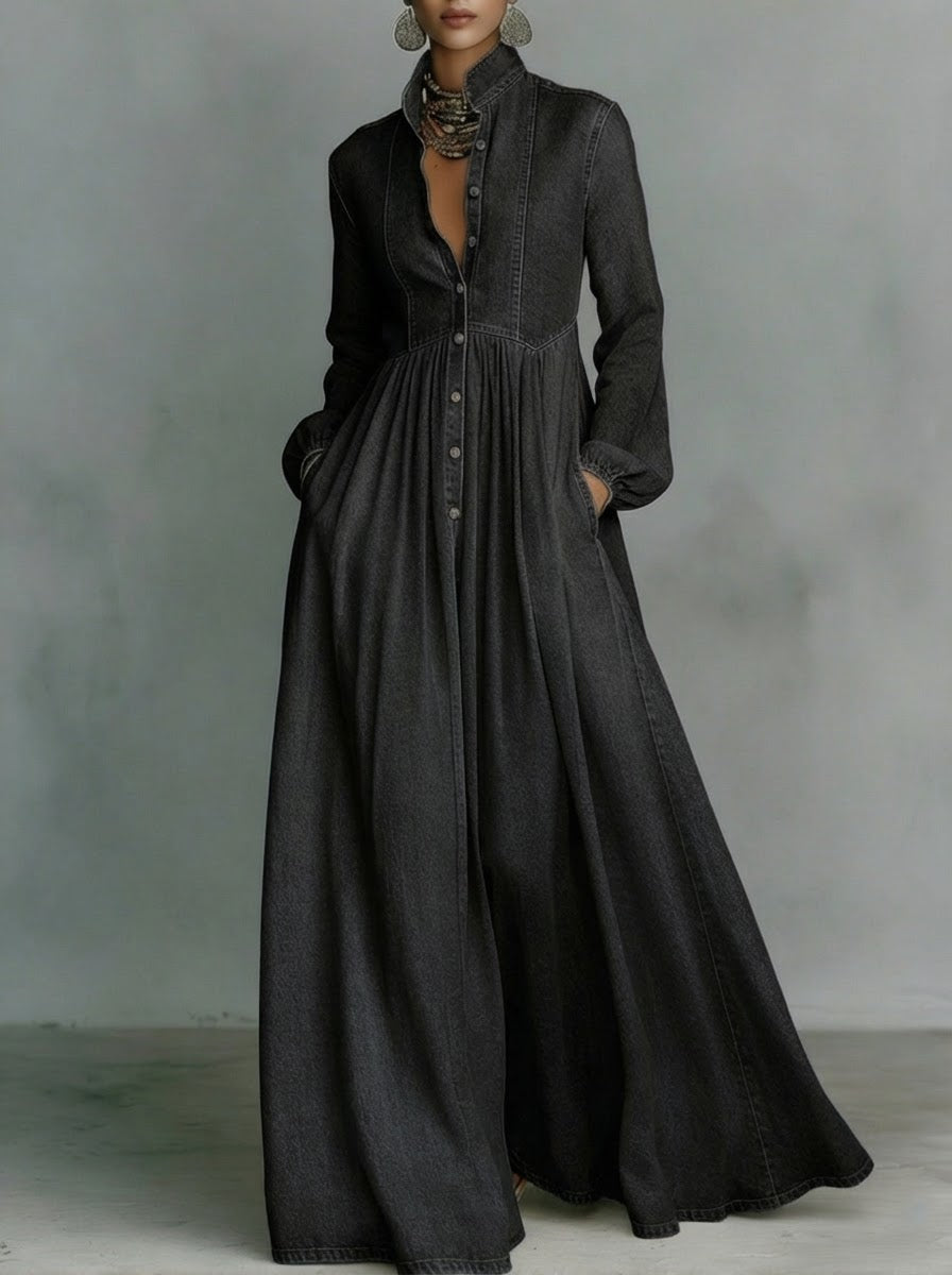 Aria | Classic Button-Front Denim Dress with Flowing Maxi Skirt