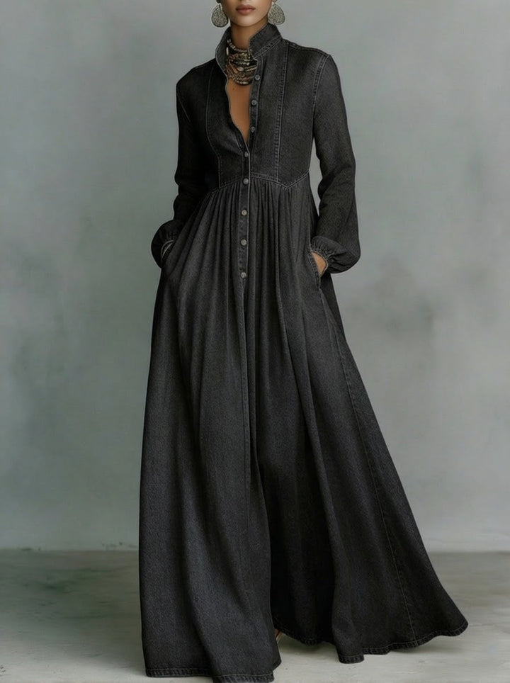 Aria | Classic Button-Front Denim Dress with Flowing Maxi Skirt