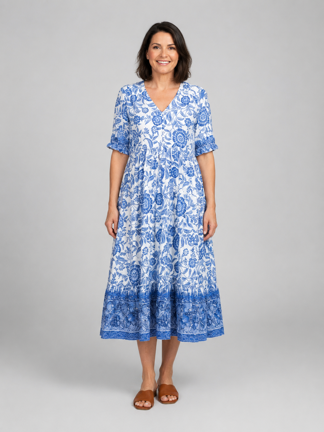 Aria | Relaxed Floral Print Boho Dress with Tiered Midi Hem