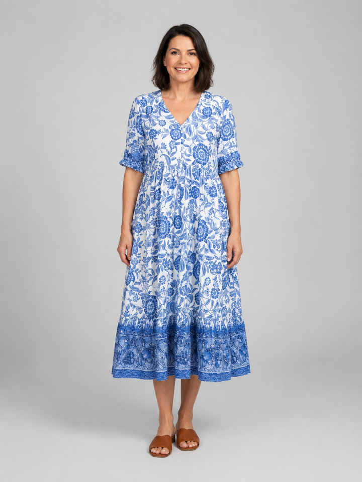 Aria | Relaxed Floral Print Boho Dress with Tiered Midi Hem