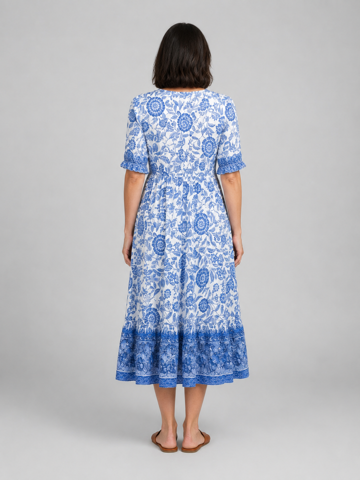 Aria | Relaxed Floral Print Boho Dress with Tiered Midi Hem