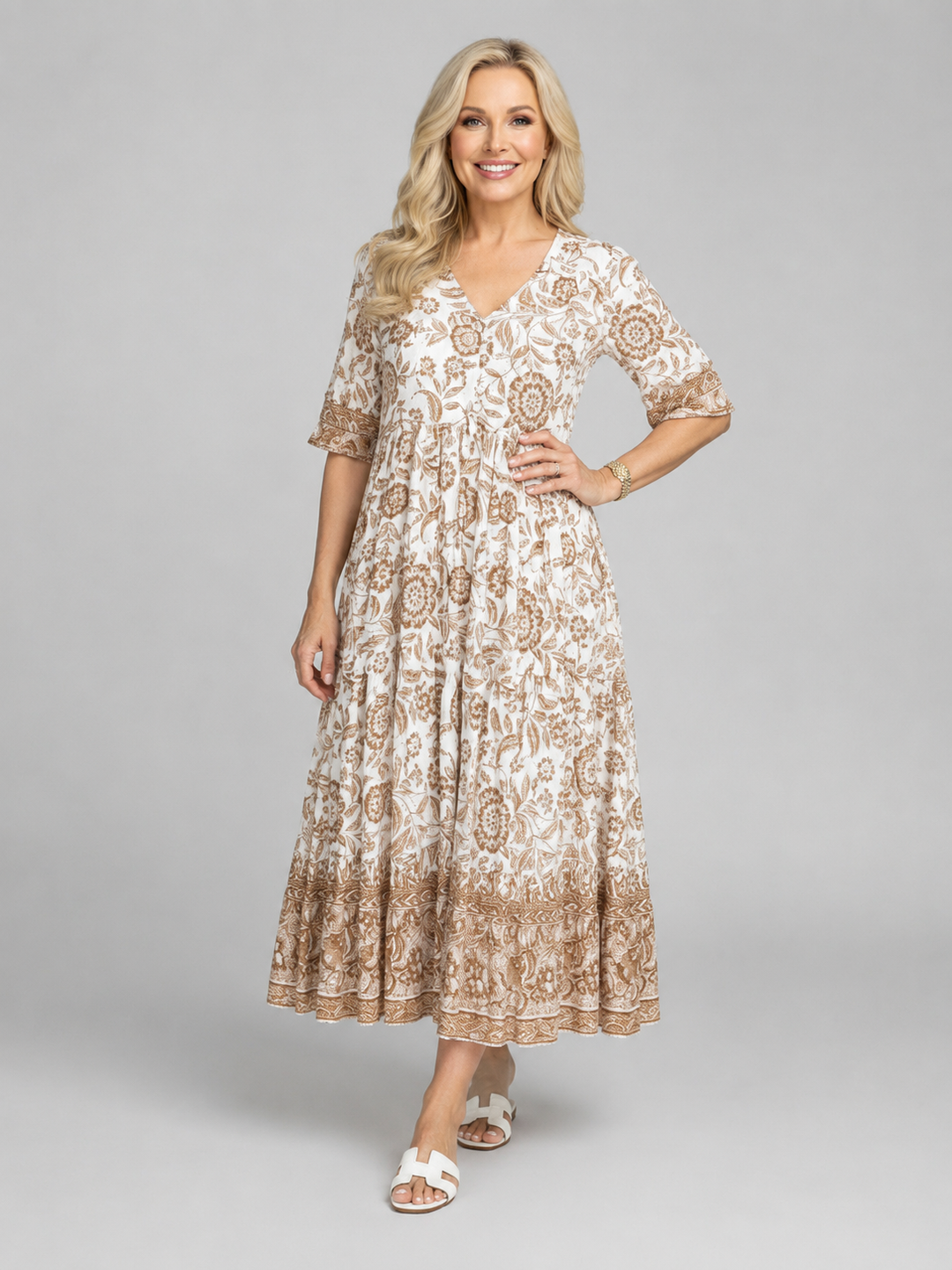 Aria | Relaxed Floral Print Boho Dress with Tiered Midi Hem