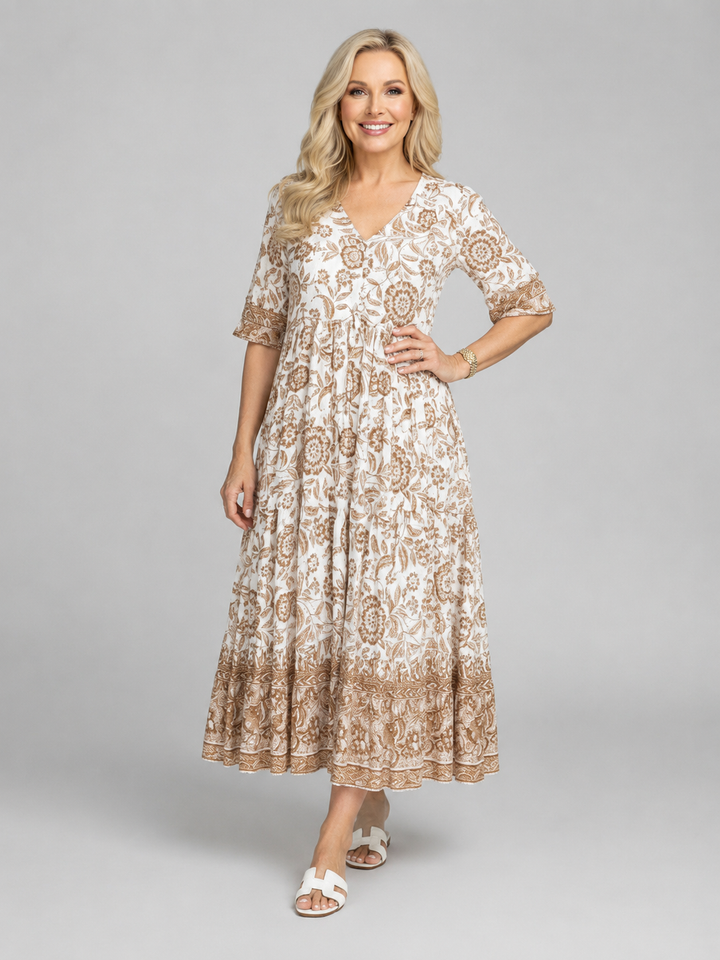 Aria | Relaxed Floral Print Boho Dress with Tiered Midi Hem