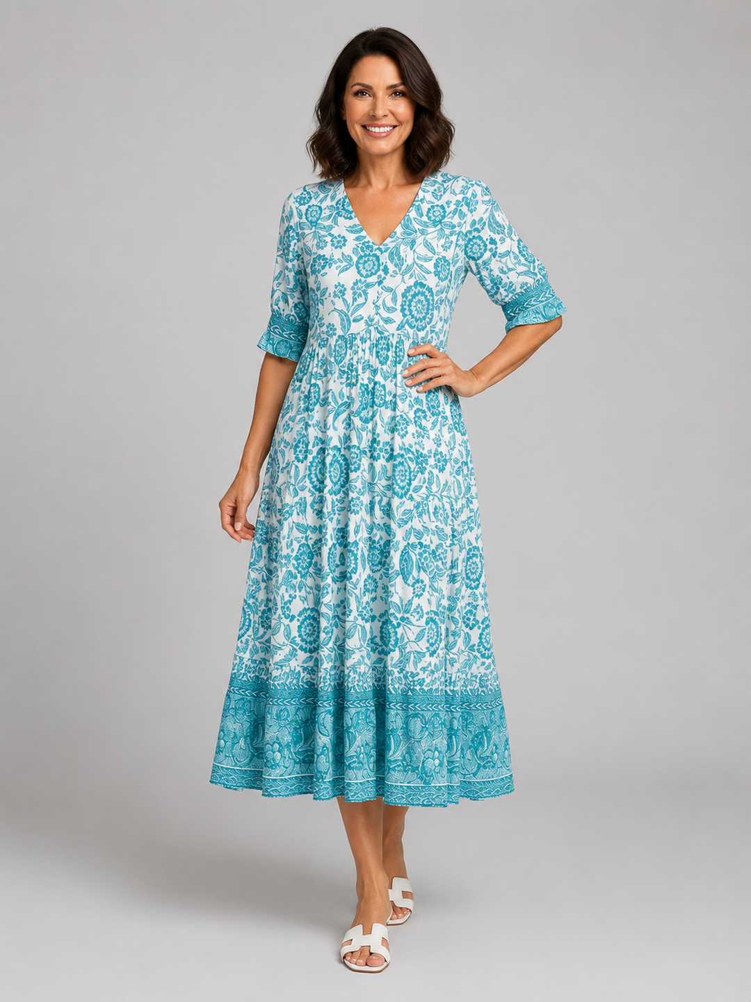 Aria | Relaxed Floral Print Boho Dress with Tiered Midi Hem