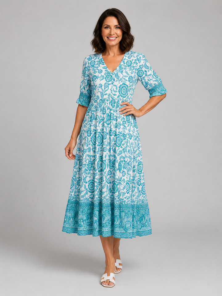 Aria | Relaxed Floral Print Boho Dress with Tiered Midi Hem