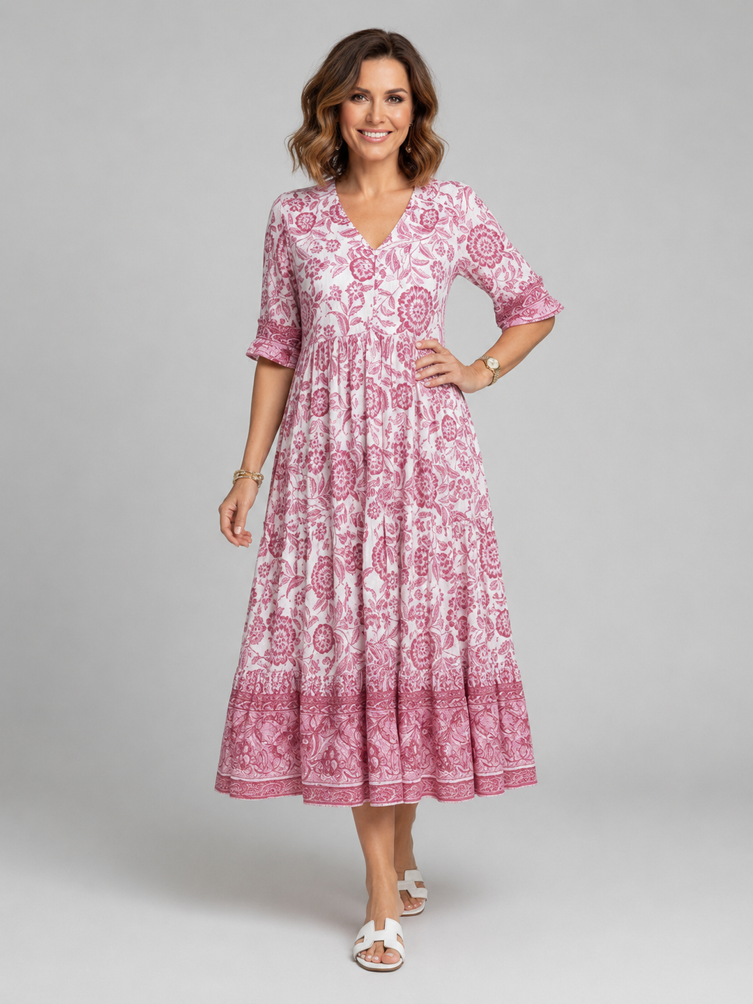 Aria | Relaxed Floral Print Boho Dress with Tiered Midi Hem