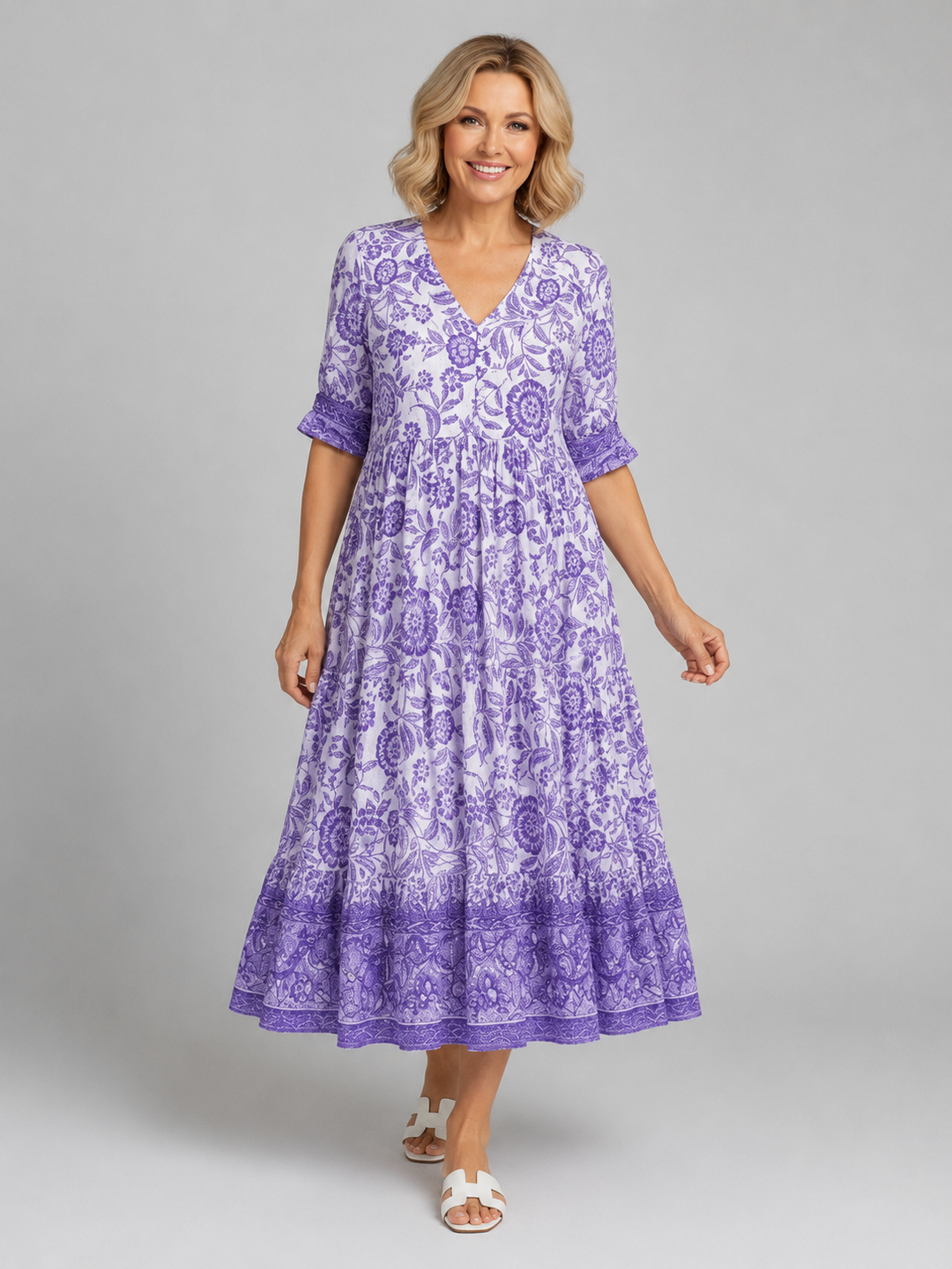 Aria | Relaxed Floral Print Boho Dress with Tiered Midi Hem