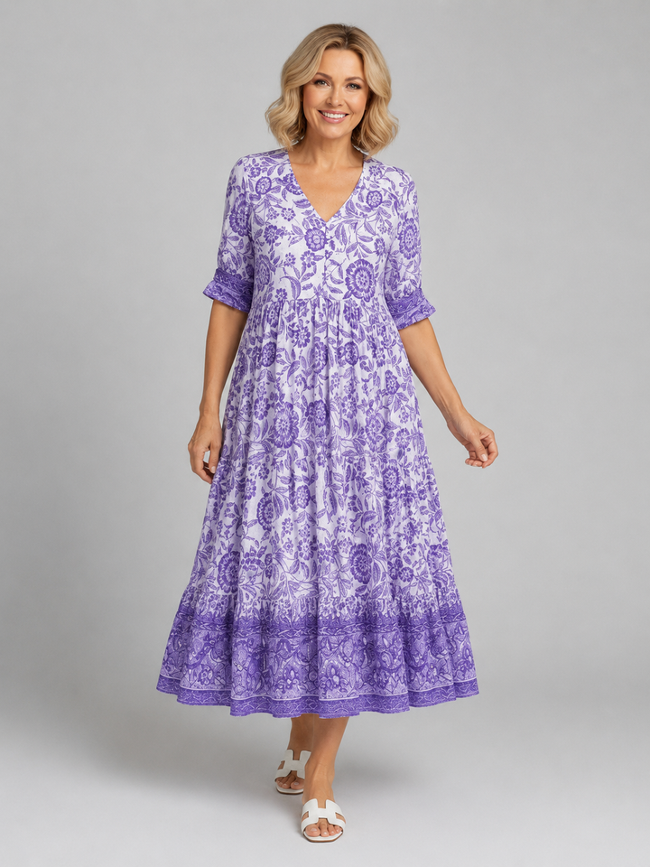 Aria | Relaxed Floral Print Boho Dress with Tiered Midi Hem