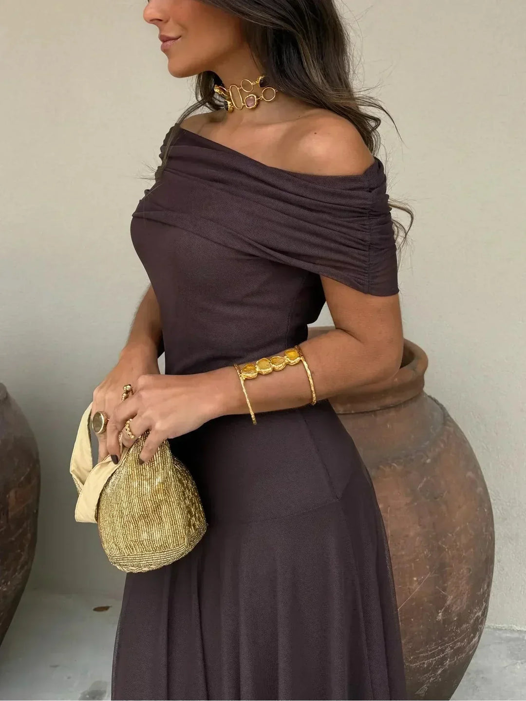 Aria | Sophisticated Off-the-Shoulder Cocktail Maxi Dress