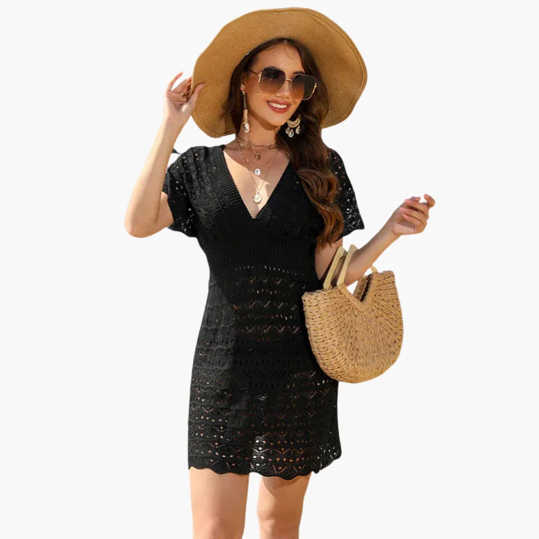 Aria | Sophisticated Plunge Neck Crochet Dress for the Beach
