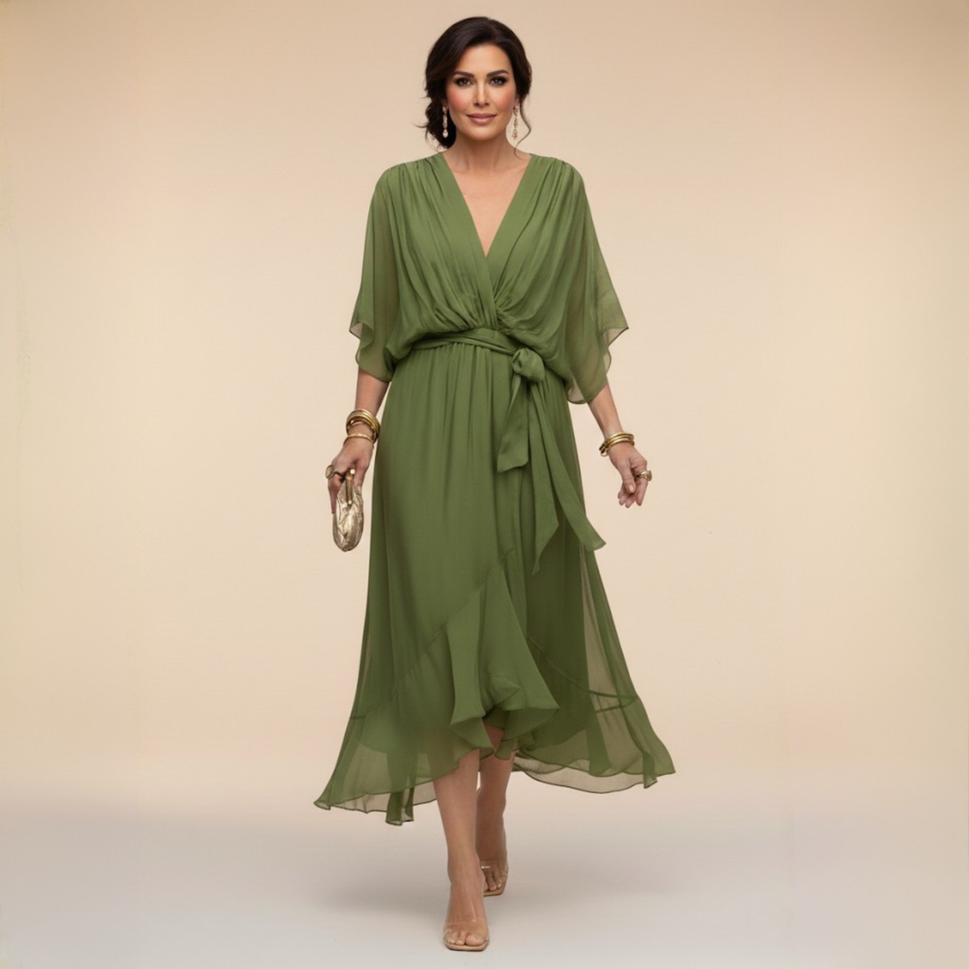 Aria | Stylish Belted V-Neck Midi Cocktail Dress