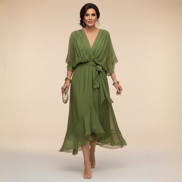 Aria | Stylish Belted V-Neck Midi Cocktail Dress