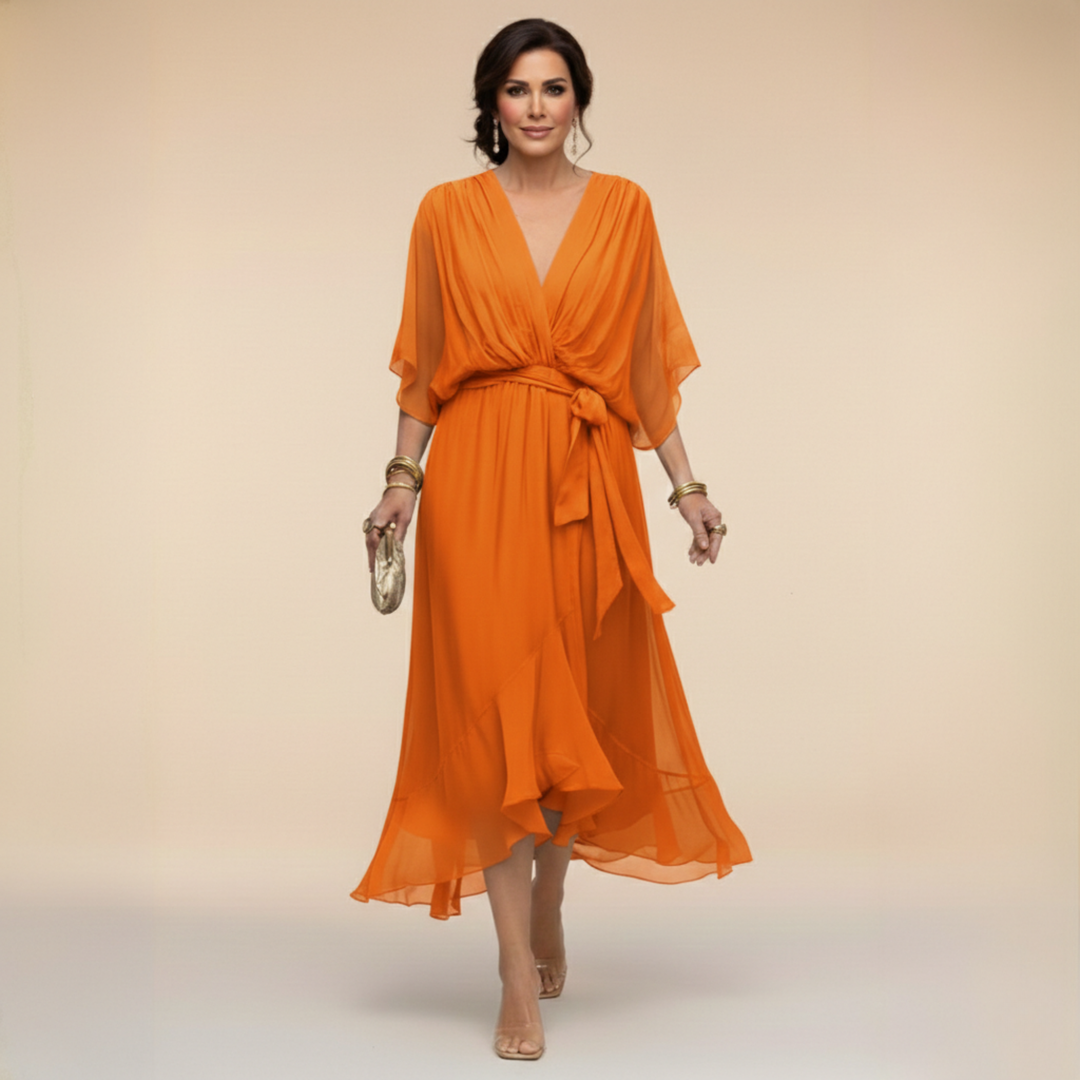 Aria | Stylish Belted V-Neck Midi Cocktail Dress