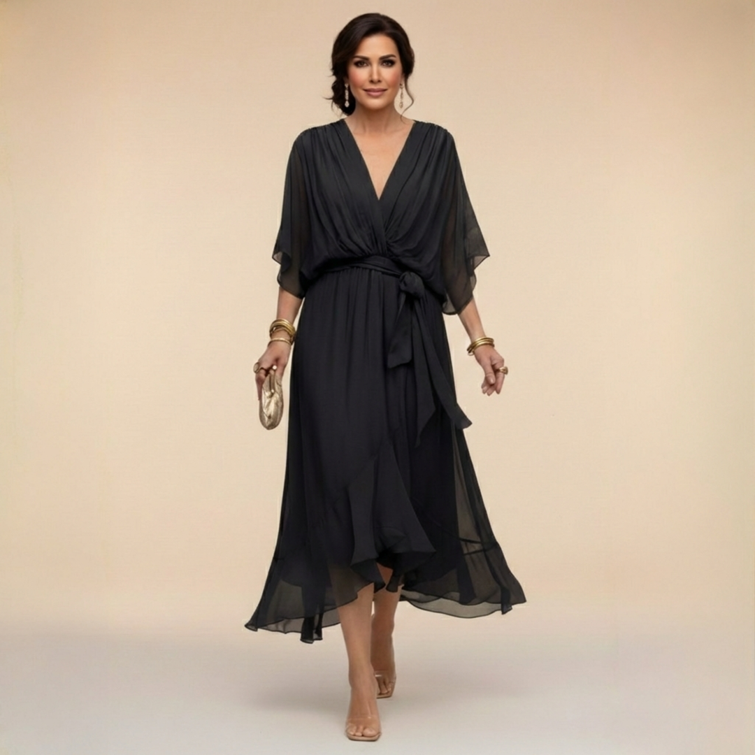 Aria | Stylish Belted V-Neck Midi Cocktail Dress