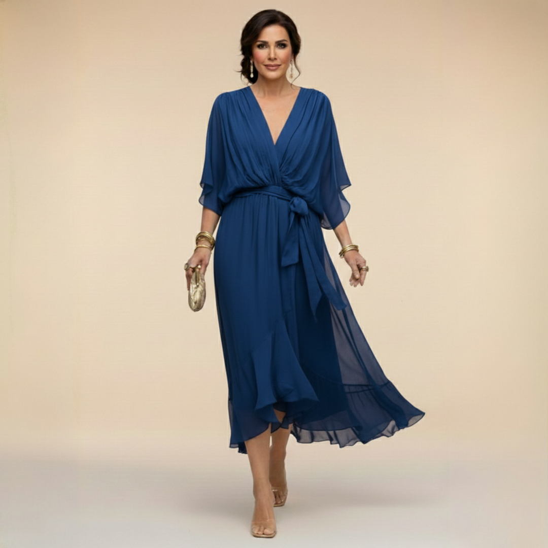 Aria | Stylish Belted V-Neck Midi Cocktail Dress