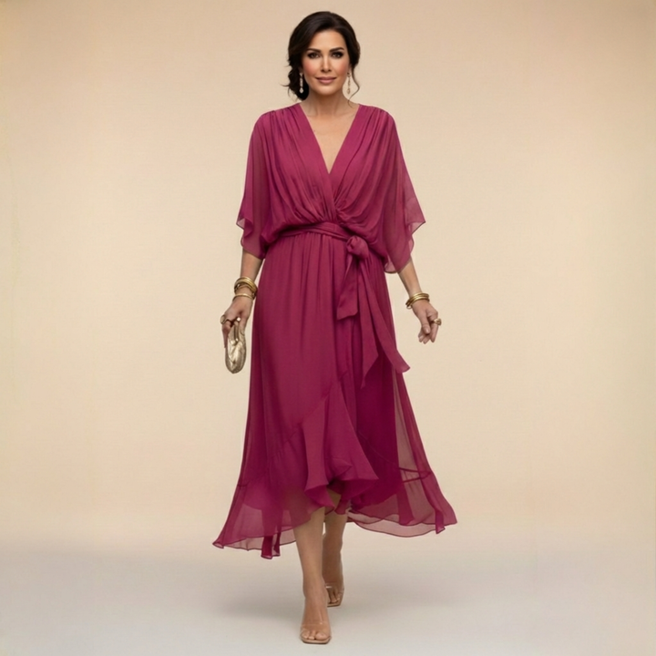Aria | Stylish Belted V-Neck Midi Cocktail Dress