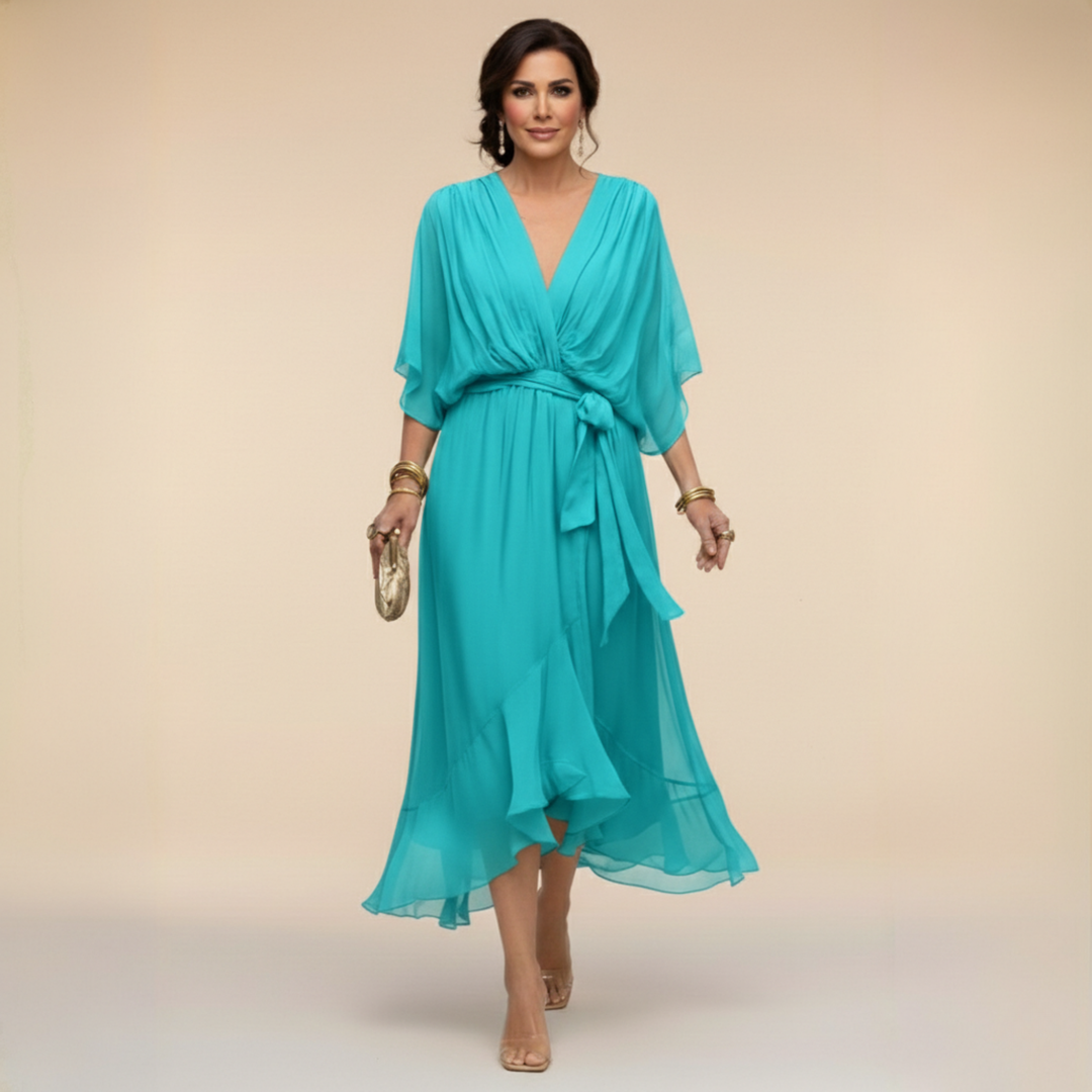 Aria | Stylish Belted V-Neck Midi Cocktail Dress