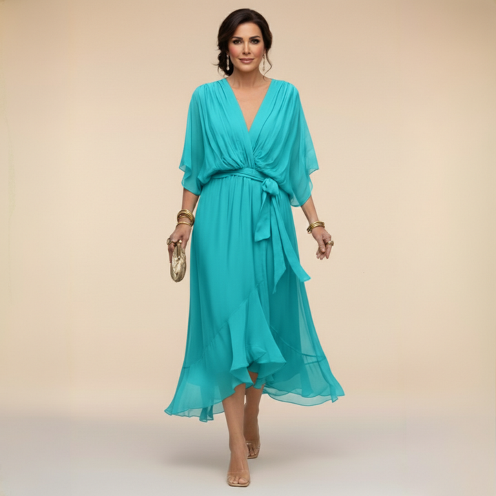 Aria | Stylish Belted V-Neck Midi Cocktail Dress