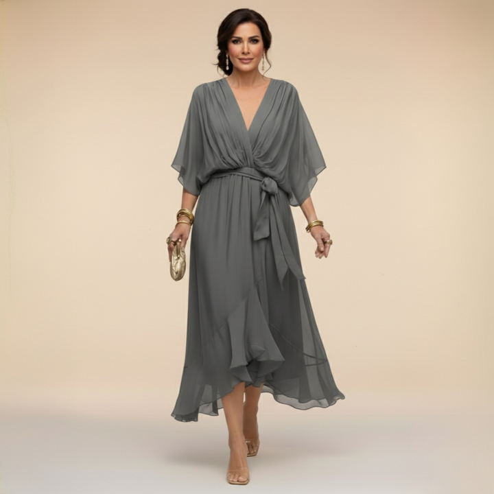 Aria | Stylish Belted V-Neck Midi Cocktail Dress
