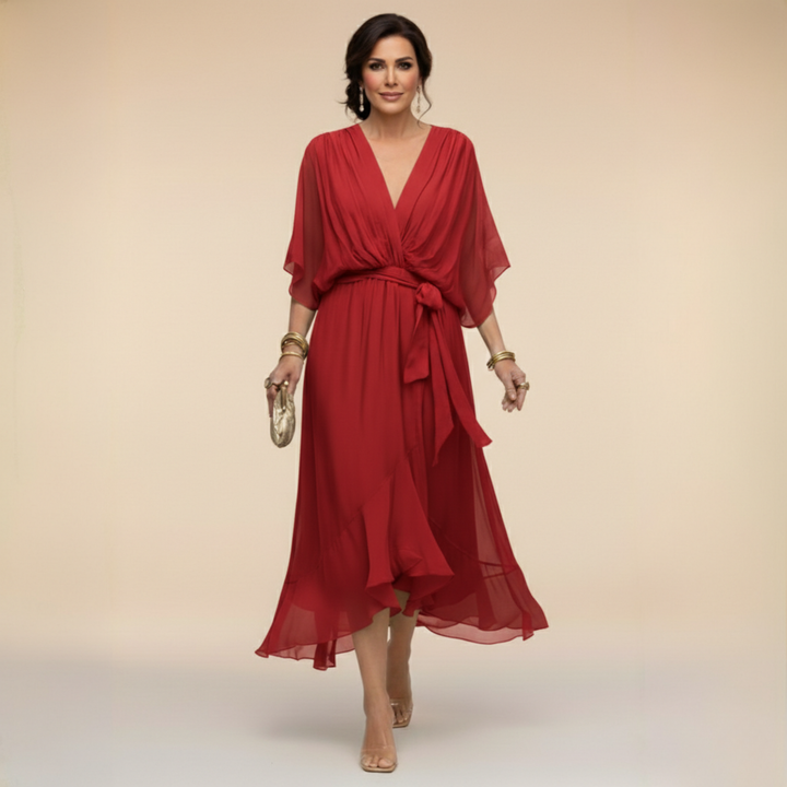 Aria | Stylish Belted V-Neck Midi Cocktail Dress