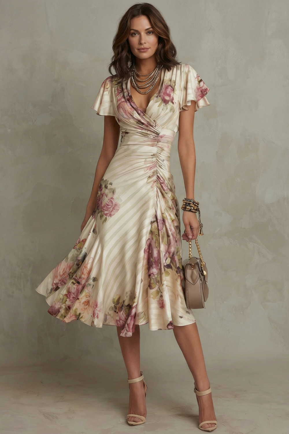 Ariana | Chic Floral Flutter Sleeve Wrap Midi Dress