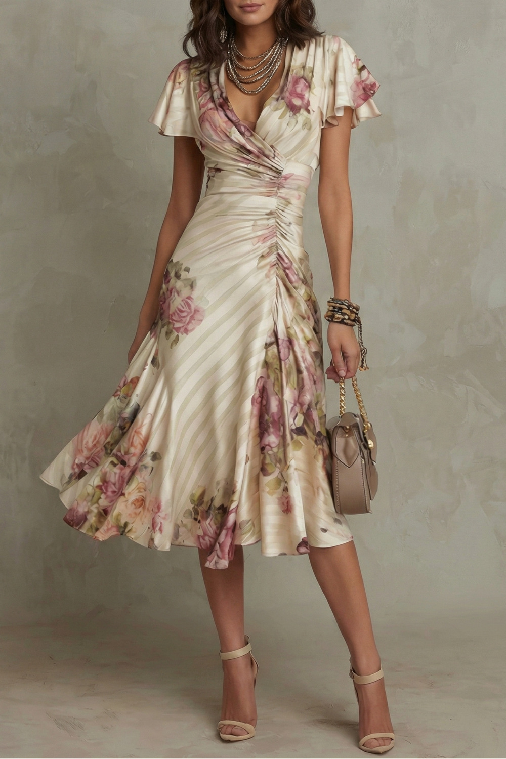 Ariana | Chic Floral Flutter Sleeve Wrap Midi Dress