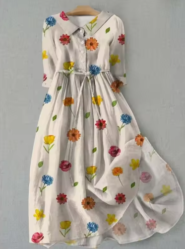 Ariana | Classic Floral Midi Dress with Button-Up Collar