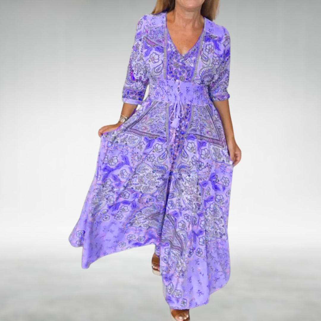 Audrey | Chic Paisley Print V-Neck Boho Dress