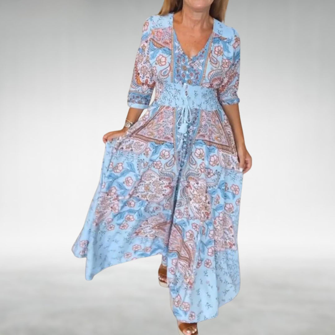 Audrey | Chic Paisley Print V-Neck Boho Dress