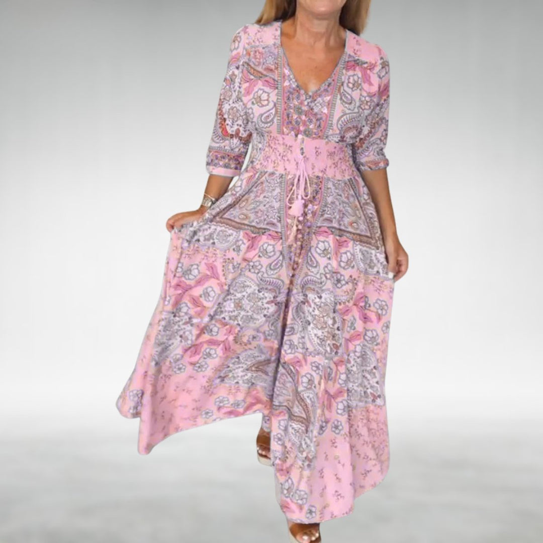 Audrey | Chic Paisley Print V-Neck Boho Dress