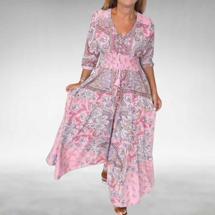 Audrey | Chic Paisley Print V-Neck Boho Dress
