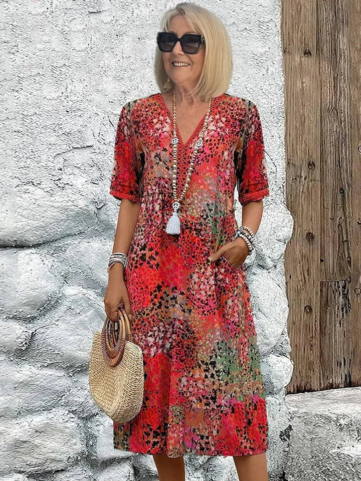 Audrey | Polished Floral V-Neck Midi Casual Dress