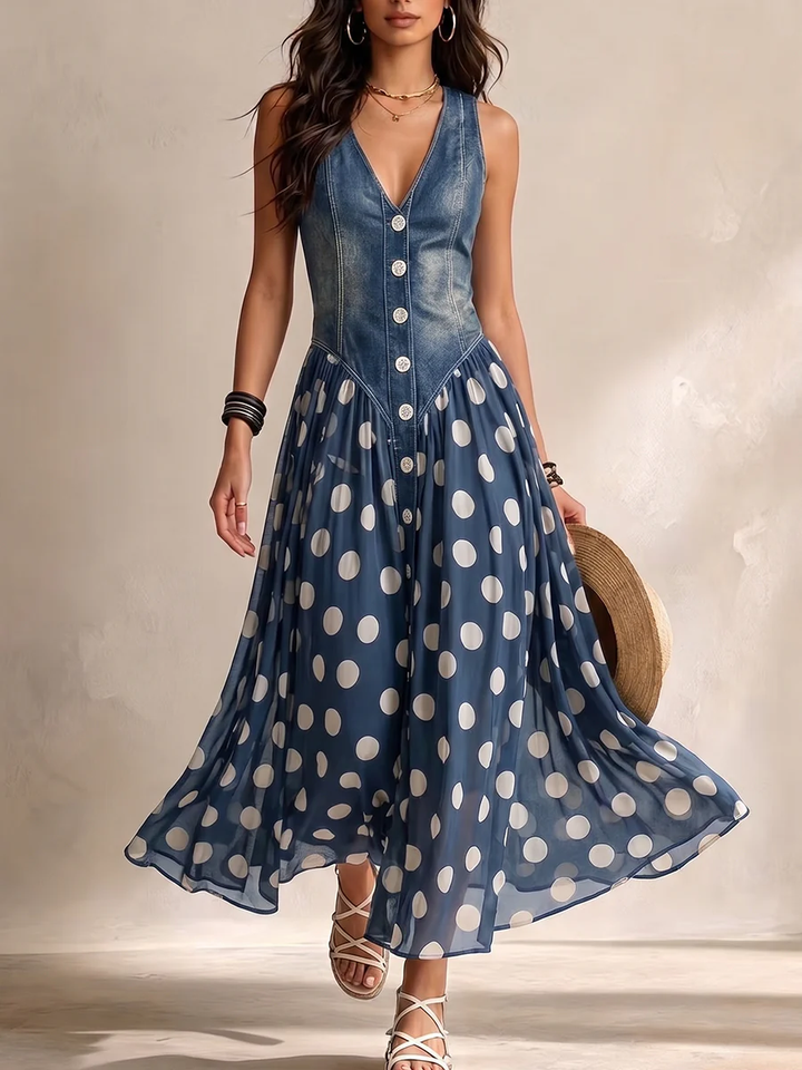 Audrey | Refined Polka Dot Denim Dress Maxi Sundress