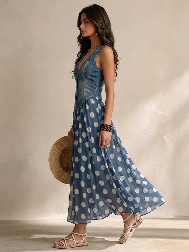Audrey | Refined Polka Dot Denim Dress Maxi Sundress