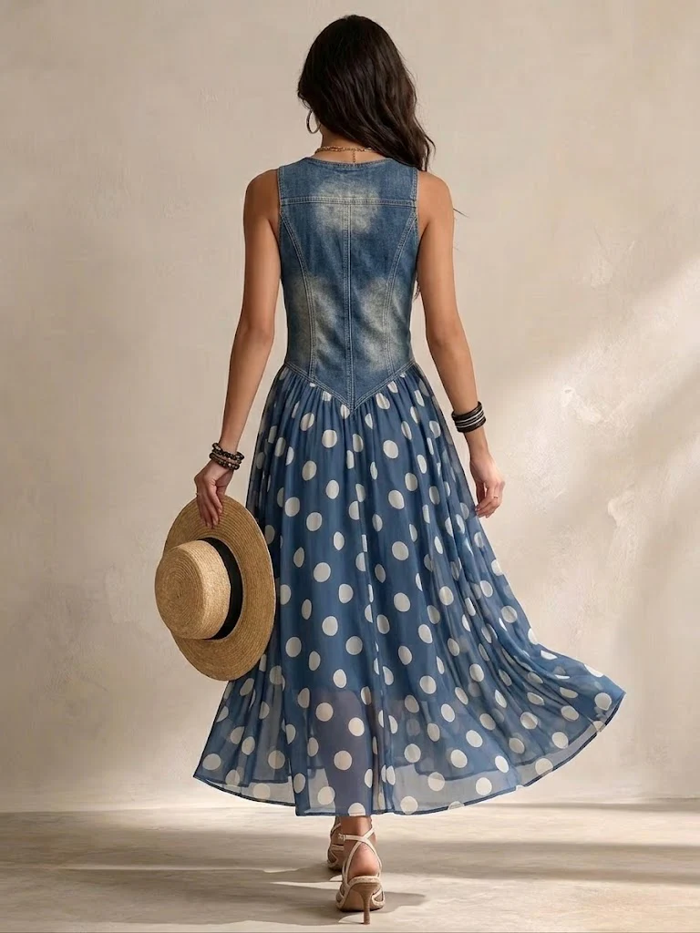 Audrey | Refined Polka Dot Denim Dress Maxi Sundress
