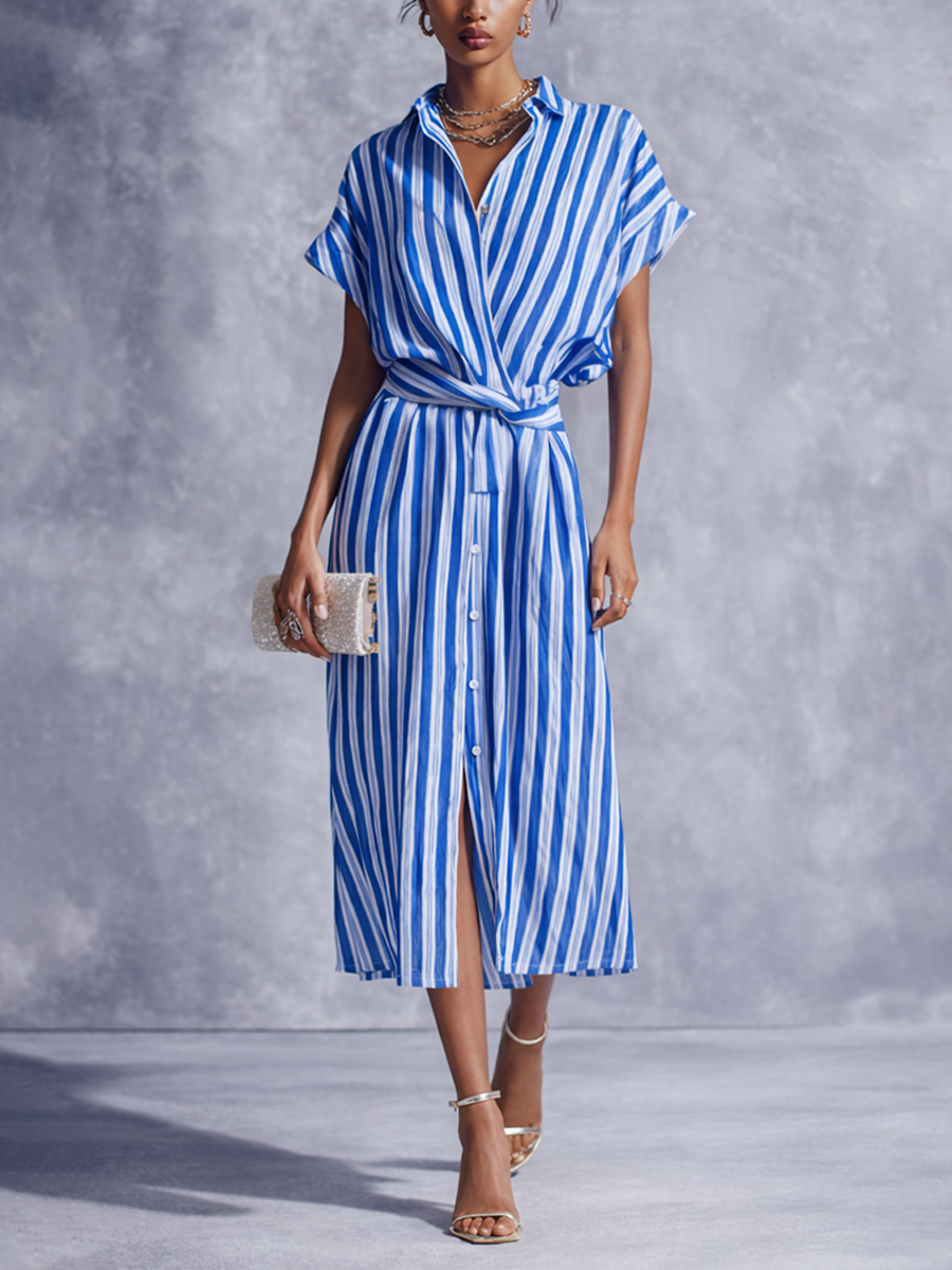 Aurora | Chic Striped Wrap Shirt Midi Dress