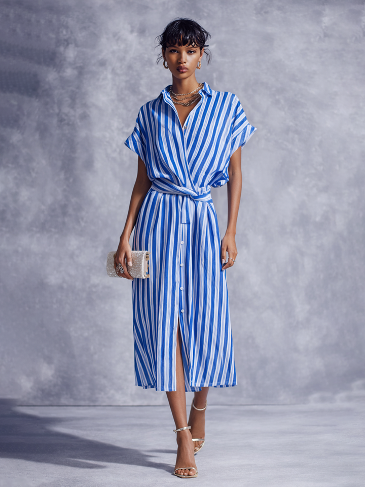 Aurora | Chic Striped Wrap Shirt Midi Dress