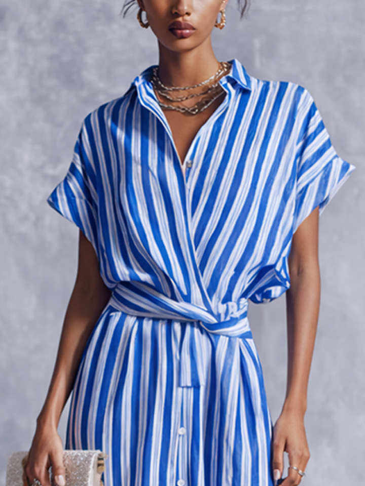 Aurora | Chic Striped Wrap Shirt Midi Dress