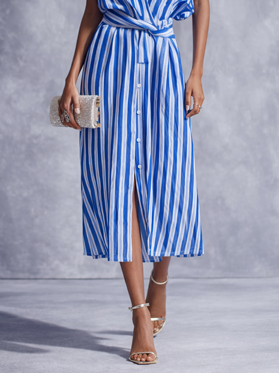 Aurora | Chic Striped Wrap Shirt Midi Dress