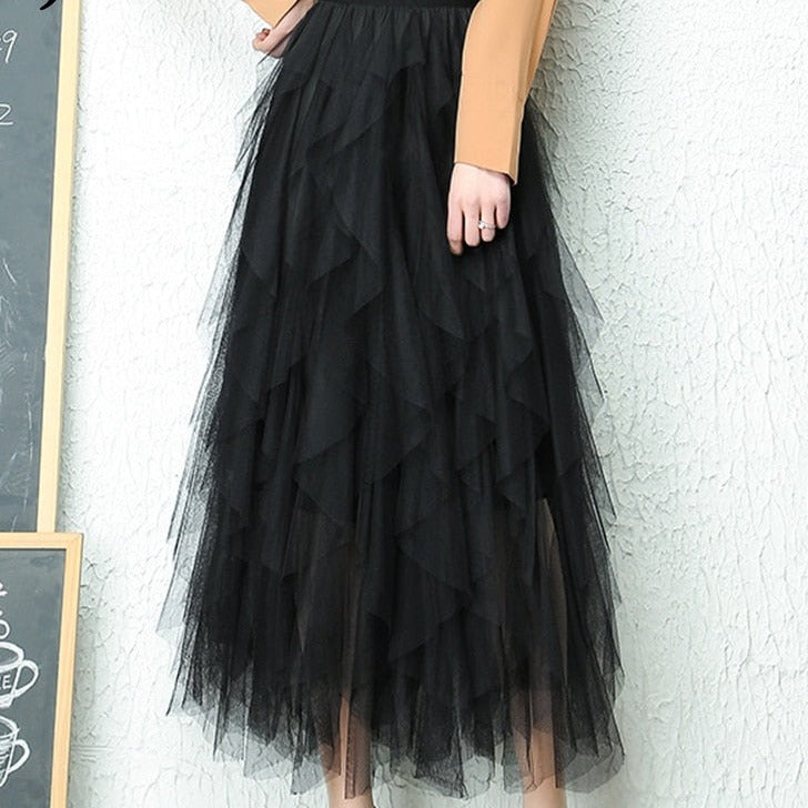 Aurora | Elegant High Waist Tiered Tulle Midi Skirt