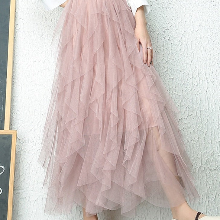 Aurora | Elegant High Waist Tiered Tulle Midi Skirt