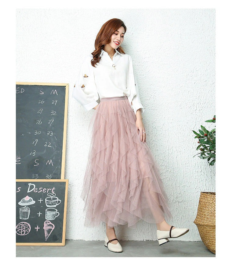 Aurora | Elegant High Waist Tiered Tulle Midi Skirt