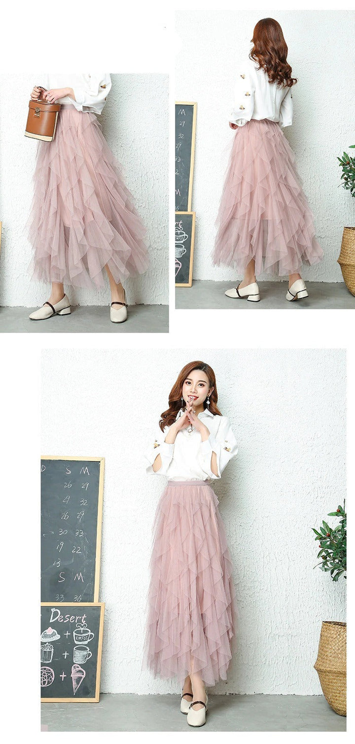 Aurora | Elegant High Waist Tiered Tulle Midi Skirt