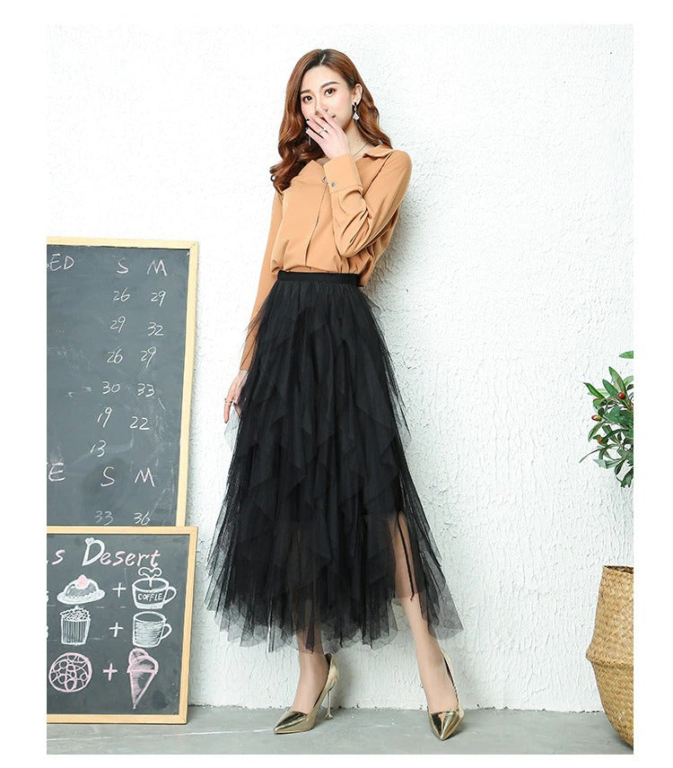 Aurora | Elegant High Waist Tiered Tulle Midi Skirt
